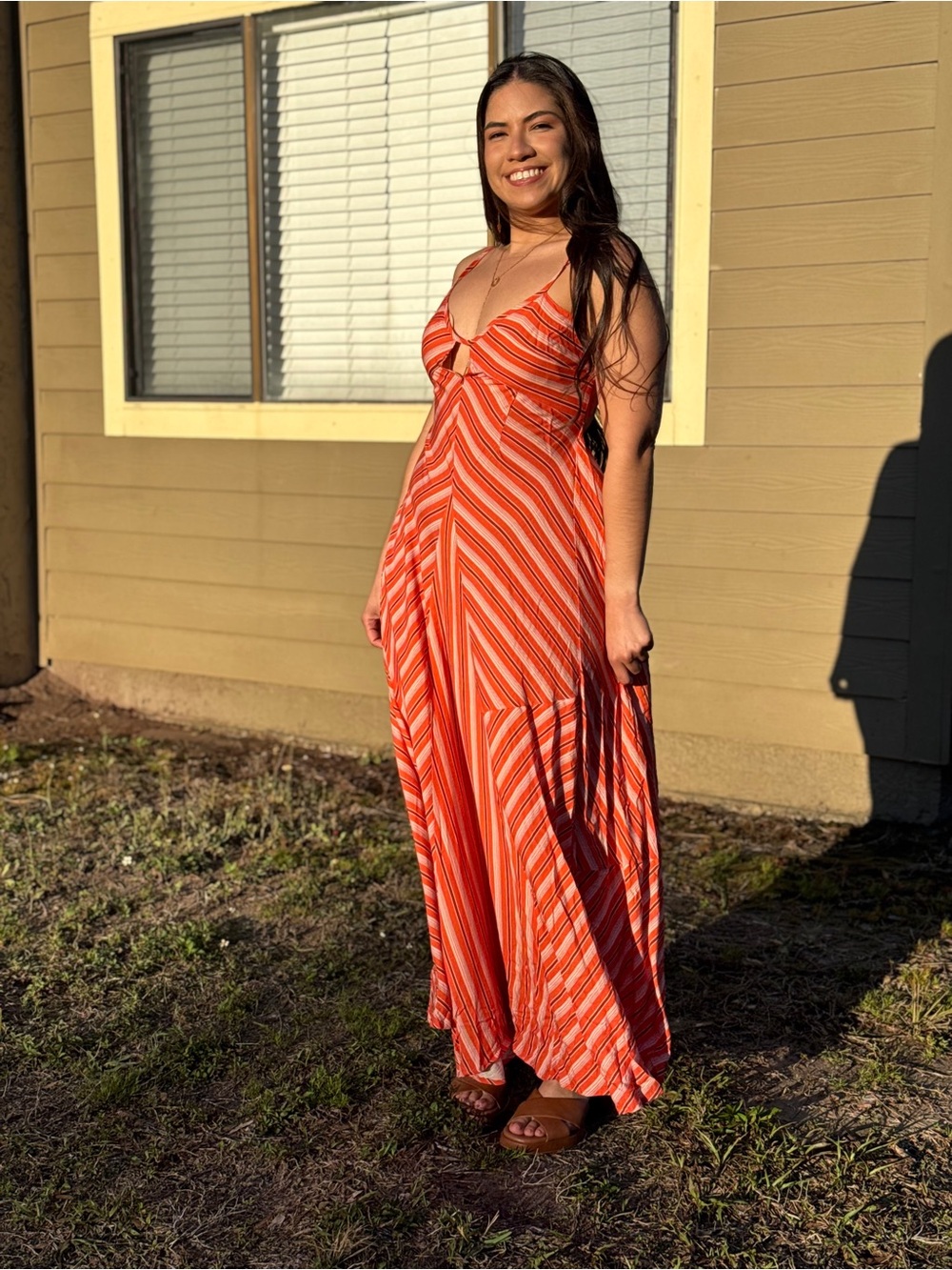 Striped Orange Maxi Dress with Twist Front